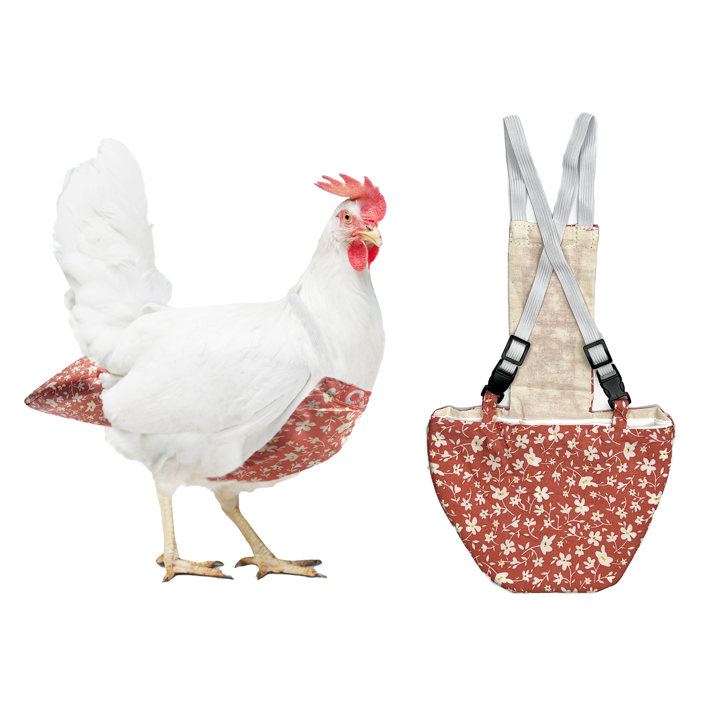 An image showing a chicken wearing a pink adjustable diaper with a floral pattern, harness add on, and the same diaper displayed separately to show the adjustable straps.